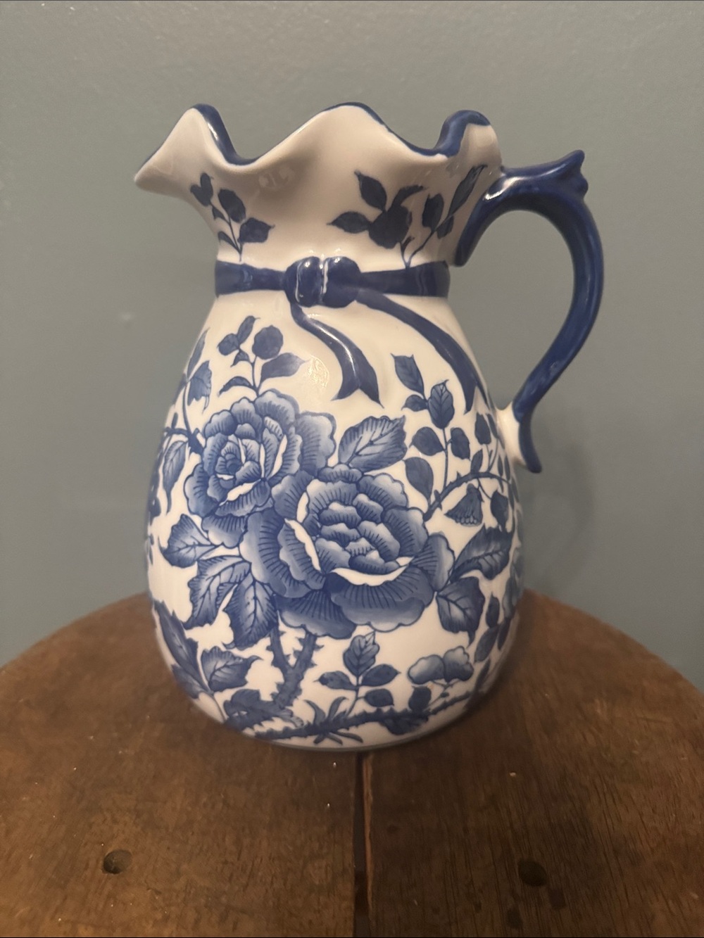 Blue and White Floral Ceramic Pitcher - Classic Decorative Vase